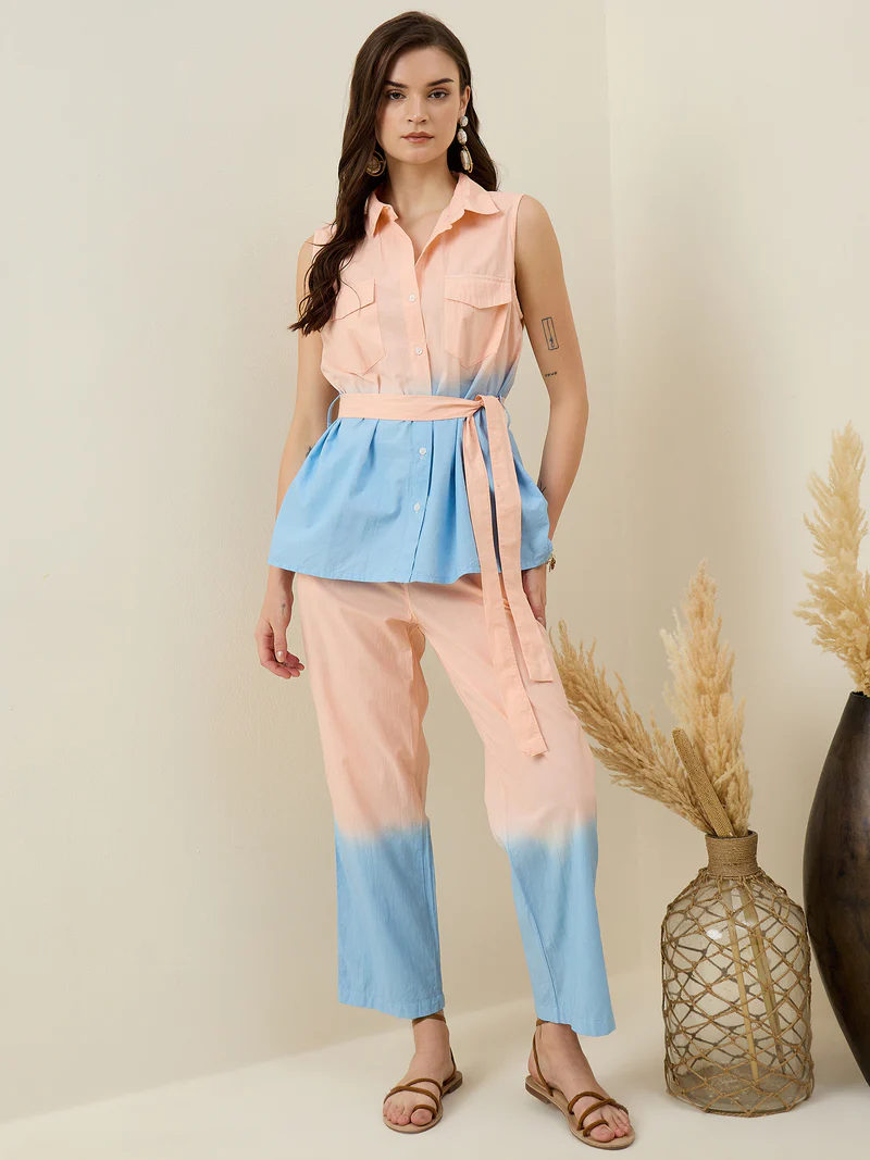 Peach Pure Cotton Shirt Collar Co-Ord Set for Women